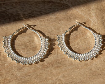 Silver Handmade Beaded Hoop Earrings | Summer Boho Seed Bead Hoops