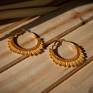 Beaded Hoop Earrings in Gold and Yellow | Colorful Boho Hoops