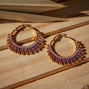Beaded Hoop Earrings in Gold and Purple | Colorful Boho Hoops