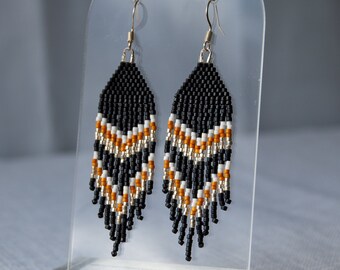 Unique Boho Fringe Earrings Handmade with Black, Brown, Silver and White Seed Beads