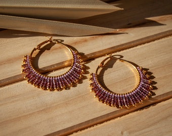 Beaded Hoop Earrings in Gold and Purple | Colorful Boho Hoops