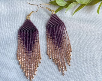 Purple Mauve and Rose Gold Ombre Beaded Fringe Earrings