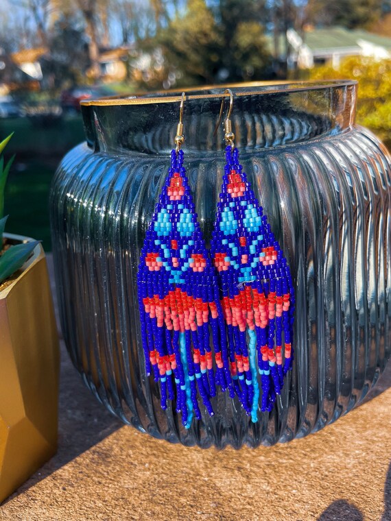 Blue and Pink Floral Beaded Earrings Bohemian Fringe Earrings