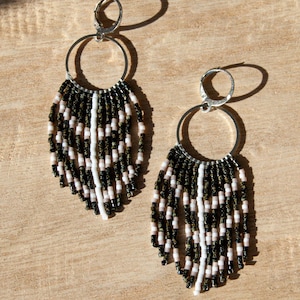 Black Feather Beaded Fringe Earrings | Black Seed Bead Jewelry | Artistic Boho Jewelry