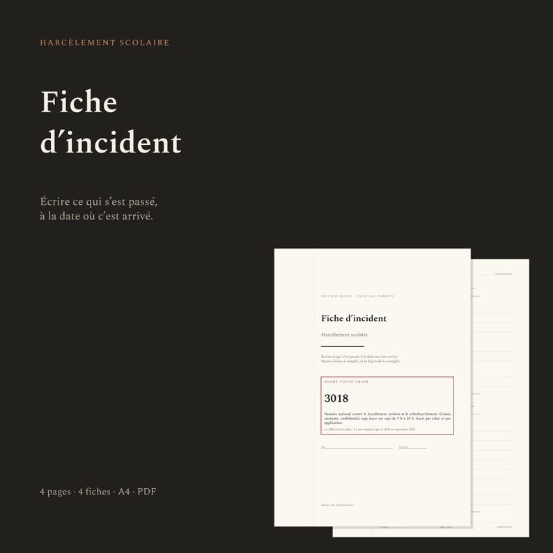 School Bullying Incident Report Form to Print | Record the Facts: Date, Location, Witnesses | PDF A4, 4 Sheets and the 3018 image 1