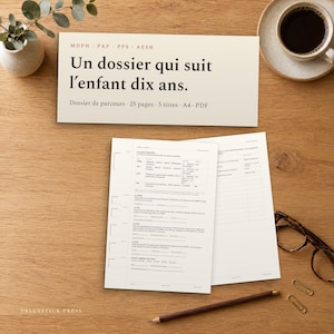 Puede incluir: Un documento digital titulado Un dossier qui suit l'enfant dix ans, que consta de 25 páginas y 5 títulos en formato PDF A4. El documento incluye formularios detallados para el seguimiento del progreso educativo, junto a un lápiz y unas gafas.