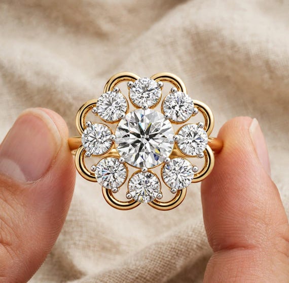0.50 CT Lab Grown Diamond Flower Ring, 0.64 CT Diamond Cluster Ring, Custom RION Fine Jewelry