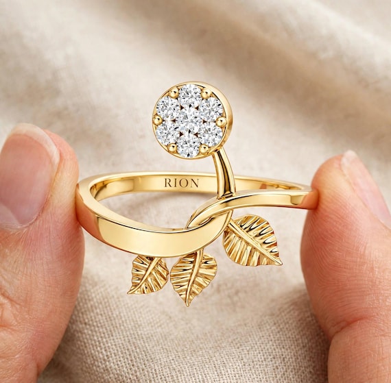 0.10 CT Lab Grown Diamond Floral Ring, Leaf Ring, Nature Inspired Ring, Custom Wedding Jewelry