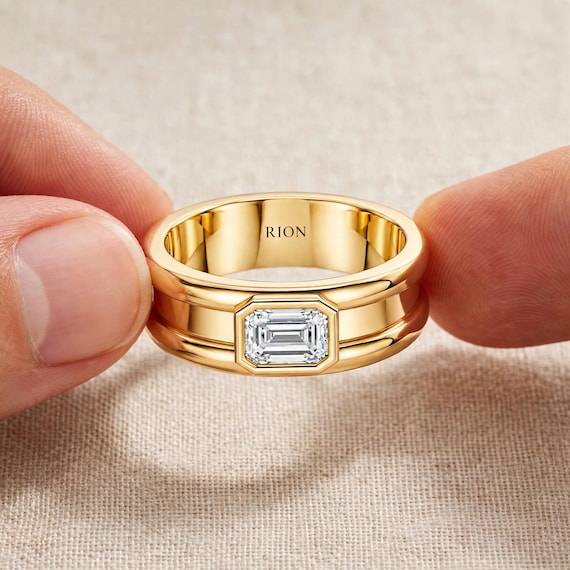 Personalized Emerald Cut Bezel Ring | Custom Inside Engraved Bold Band Ring | Chunky Diamond Ring | Sterling Silver Gold Rose Gold Gift