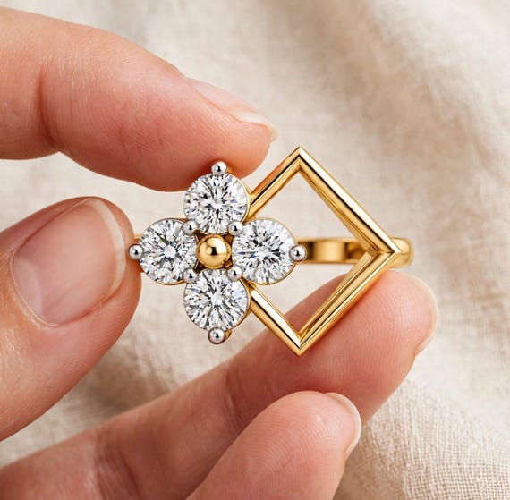 0.32 CT Lab Grown Diamond Flower Ring, Floral Diamond Ring, Custom RION Ring, Modern Geometric Engagement Ring