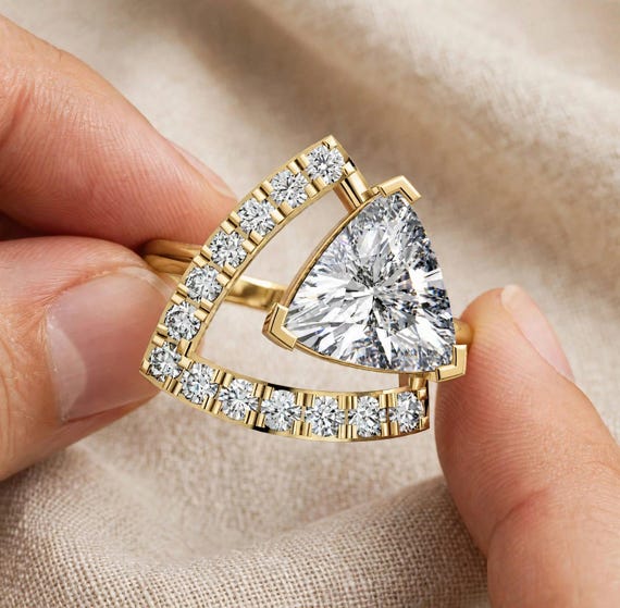 1 CT Lab Grown Diamond Ring, Trillion Cut Engagement Ring, 0.24 CT Diamond Band, RION Custom Fine Jewelry