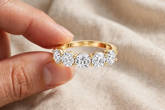 1.5 CT Lab Grown Diamond Ring, Five Stone Wedding Ring, Anniversary Ring, Custom Diamond Band