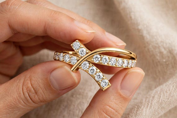 Lab Grown Diamond Ribbon Ring, 1.8 CT Diamond Band, RION Cross Over Ring, Custom Fine Jewelry, Anniversary Gift for Her