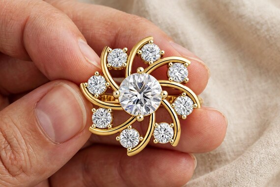 0.50 CT Lab Grown Diamond Flower Ring, 0.40 CT Accent Diamonds, Custom Floral Ring