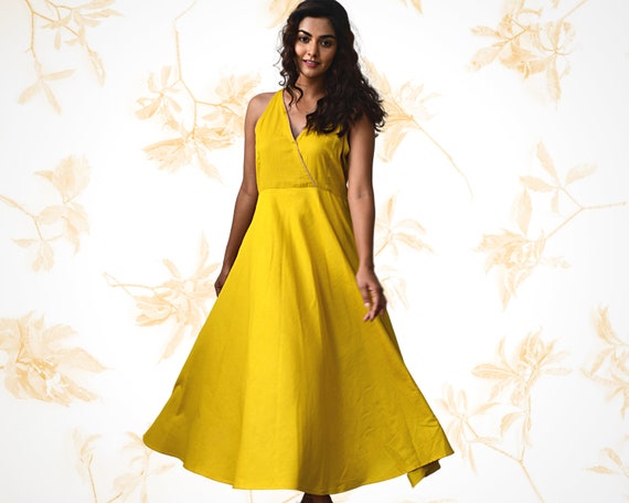 Cotton Midi Dress Mustard Yellow Dress 