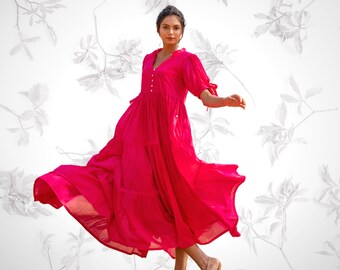 Fuchsia Pink Dress, Cotton Maxi Dress, Long Flowy Dress, Plus Size Boho Dress, Custom Fit