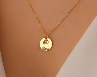 Personalized Name Necklace,Birthstone Name Necklace,Engraved Disc Necklace for Women,Birthstone Pendant Jewelry,Birthday,Mother's Day Gifts