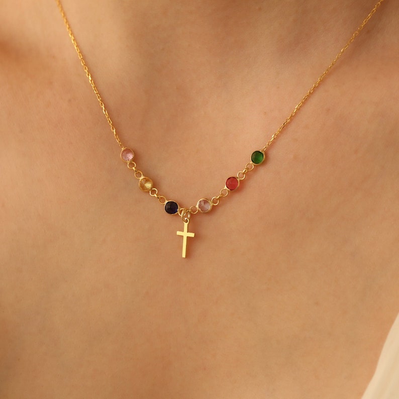 Gold or Sterling Silver Cross Necklace with Birthstone, Gift for Wife Mother Grandma , Dainty Cross Necklace for Mom, Mothers Day Necklace image 2