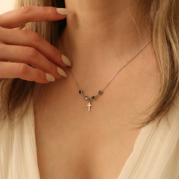 Sterling Silver Cross with Tiny Birthstone Necklace ,Family Birthstone Necklace, Mothers Day Gifts for Her Mom Sister Wife, Gift for Grandma