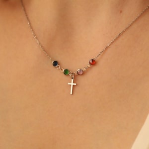 Gold or Sterling Silver Cross Necklace with Birthstone, Gift for Wife Mother Grandma , Dainty Cross Necklace for Mom, Mothers Day Necklace image 4