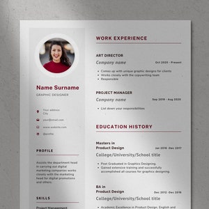 Minimalistic Red 1 Page Resume Template for Word | Professional Resume Template | Instant Download | Professional CV