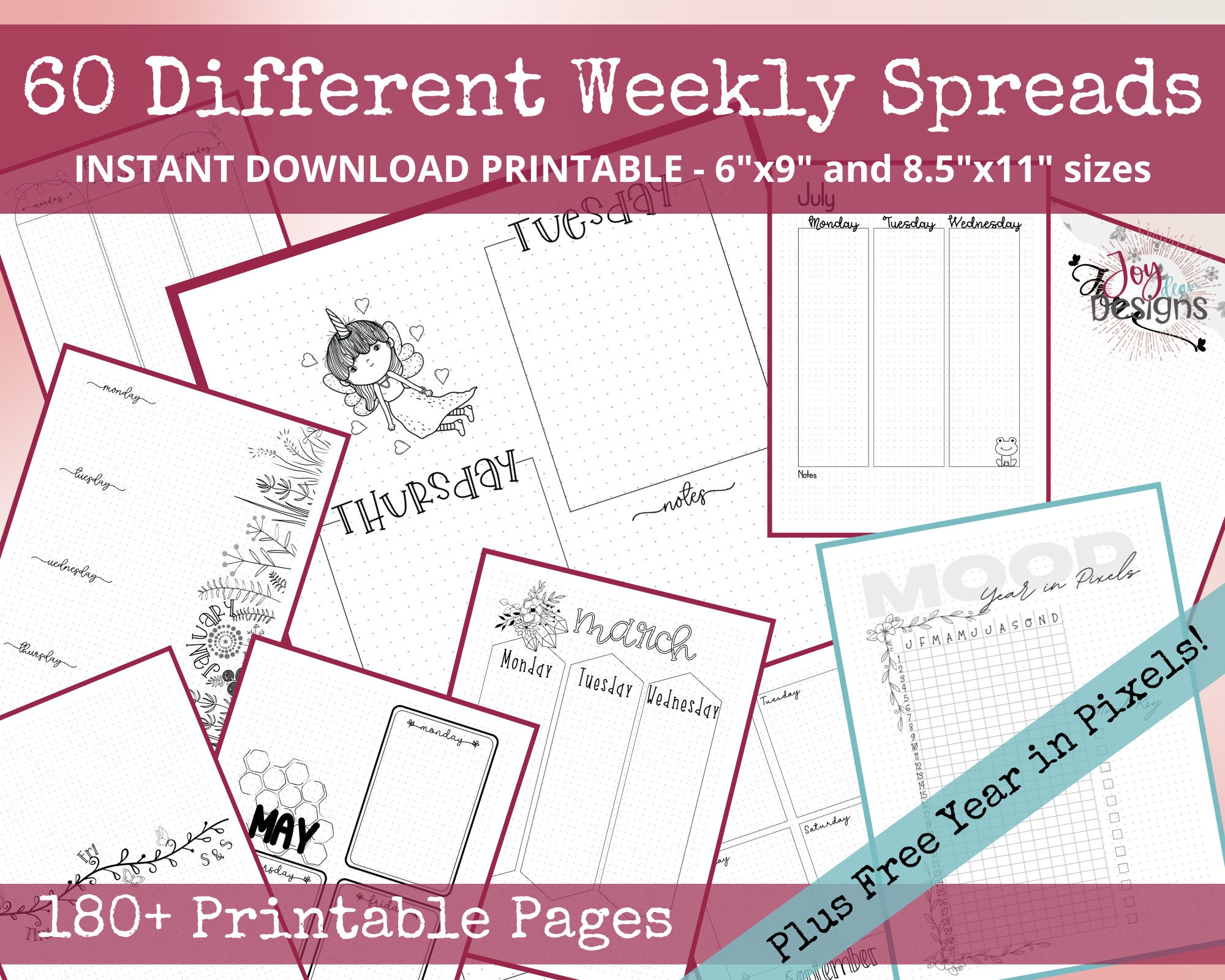 PreMade Bullet Journal Planner Pages, Instant Download Printable Planner, Weekly Bujo Inserts Template PDF 2 Sizes