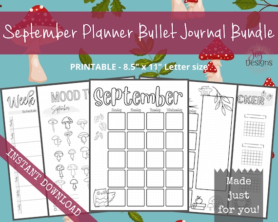 September Pre-made Bullet Dotted Journal Pages Instant Download Printable  Planner Undated 