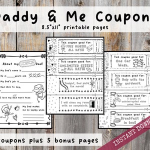 Cupones de papá y yo: 20 cupones para colorear, recortar y regalar a papá. Además, páginas extra con mensajes sobre papá, descarga instantánea e imprimible