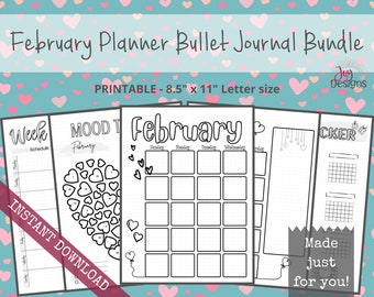 February Pre-Made Bullet Dotted Journal Pages Instant Download Printable Planner