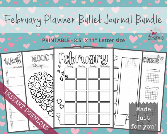 February Pre-made Bullet Dotted Journal Pages Instant Download Printable  Planner 