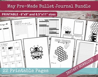 May PreMade Bullet Dotted Journal Planner Pages | Instant Download Printable Planner | Weekly Bujo Inserts Template PDF 2 Sizes