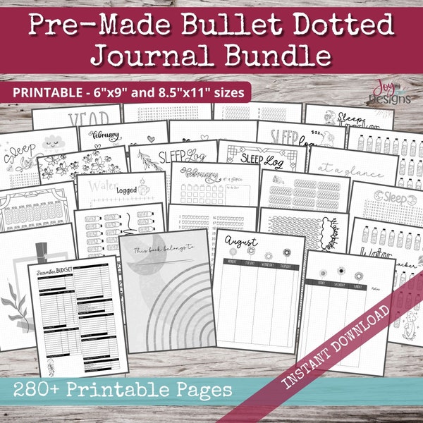 PreMade Bullet Dotted Journal Planner Pages | Instant Download Printable Planner | Weekly Bujo Inserts Template PDF 2 Sizes | 280+ Pages