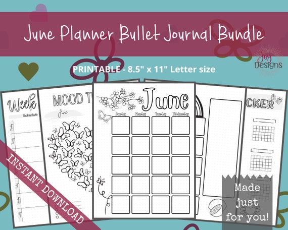 June Pre-made Bullet Dotted Journal Pages Instant Download Printable  Planner Undated 