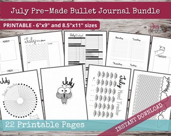 July PreMade Bullet Dotted Journal Planner Pages | Instant Download Printable Planner | Weekly Bujo Inserts Template PDF 2 Sizes