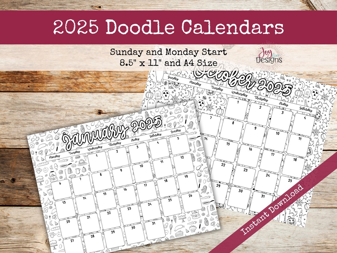 2025 Monthly Calendars Horizonal Doodle Coloring Instant Download ...