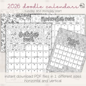 Calendriers mensuels 2026 Doodle coloriage téléchargement immédiat calendrier imprimable 8,5 x 11 et A4