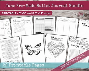 May include: A printable bullet journal bundle for the month of June. The bundle includes 22 pages with various layouts, including a monthly calendar, budget tracker, mood tracker, and water log. The pages are designed with a black and white butterfly theme.