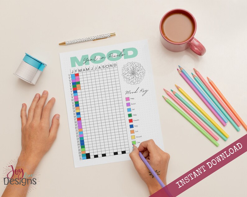 Daily Mood Year in Pixels Tracker Bullet Dotted Journal Page Instant ...