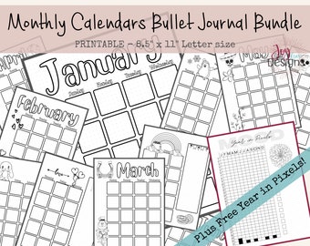 Pode incluir: Páginas de calendário mensais imprimíveis para bullet journal. As páginas apresentam ilustrações em preto e branco de animais, corações, arco-íris e flores. As páginas do calendário medem 8,5 polegadas por 11 polegadas. A imagem também inclui um rastreador anual de pixels imprimível.
