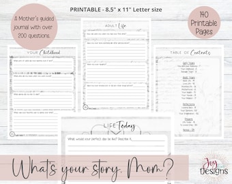 May include: A printable journal with over 200 questions for mothers. The journal is divided into sections for childhood, adult life, and life today. The cover features a gray and white background with the text "What's your story, Mom?" in pink.