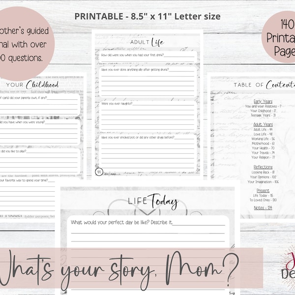 A Mother's Guided Notebook With over 200 Open Ended Journal Questions for Mom Pages Instant Download Printable Planner