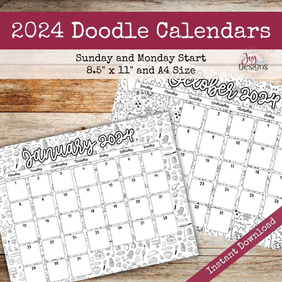 2024 Monthly Calendars Horizonal Doodle Coloring Instant Download ...