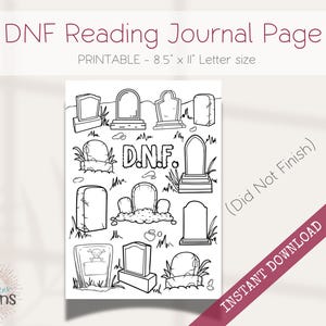 May include: Black and white printable journal page with a graveyard theme. The page features tombstones with the text "DNF" (Did Not Finish) and other tombstones with blank spaces for writing. The page is 8.5 inches by 11 inches.