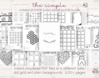 The Simple: Undated Bullet Dotted Journal Planner, Pre-Made Printable Bujo Pages with Trackers & Templates, 4 Sizes With and Without Dots