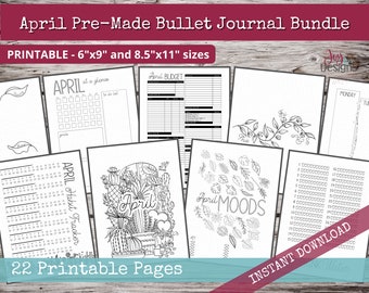 May include: A printable bullet journal bundle for the month of April. The bundle includes 22 pages with various designs, including a calendar, budget tracker, habit tracker, mood tracker, and blank pages. The pages are designed for use with a bullet journal and are available in two sizes: 6" x 9" and 8.5" x 11".