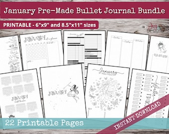 January PreMade Bullet Dotted Journal Planner Pages | Instant Download Printable Planner | Weekly Bujo Inserts Template PDF 2 Sizes