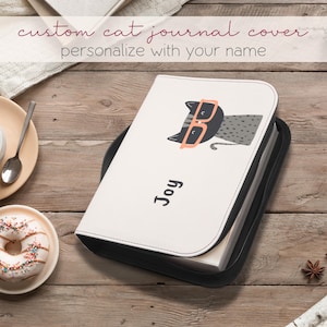 Personalized Cat Book Cover – Custom Name PU Leather Journal Sleeve with Zipper & Handle | Funny 6x9 or 10x12 Planner or Bible Holder
