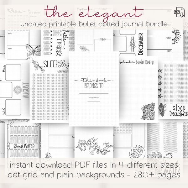 The Elegant: Undated PreMade Bullet Dotted Journal Planner Pages, Instant Download Printable Planner, Bujo Inserts Template PDF 4 Sizes