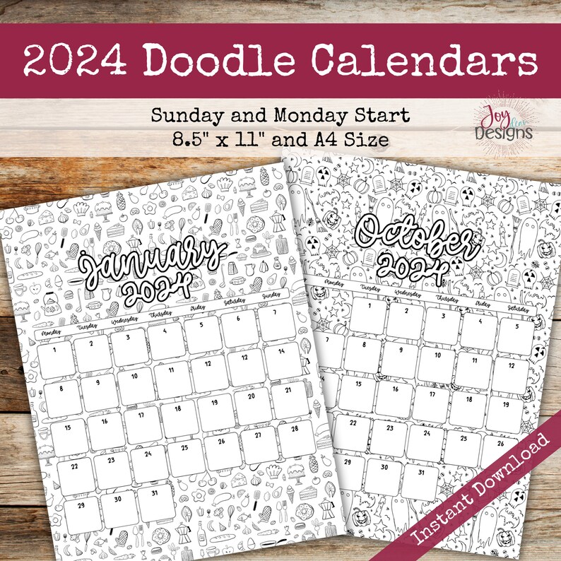 2024 Monthly Calendars Vertical Doodle Coloring Instant Download