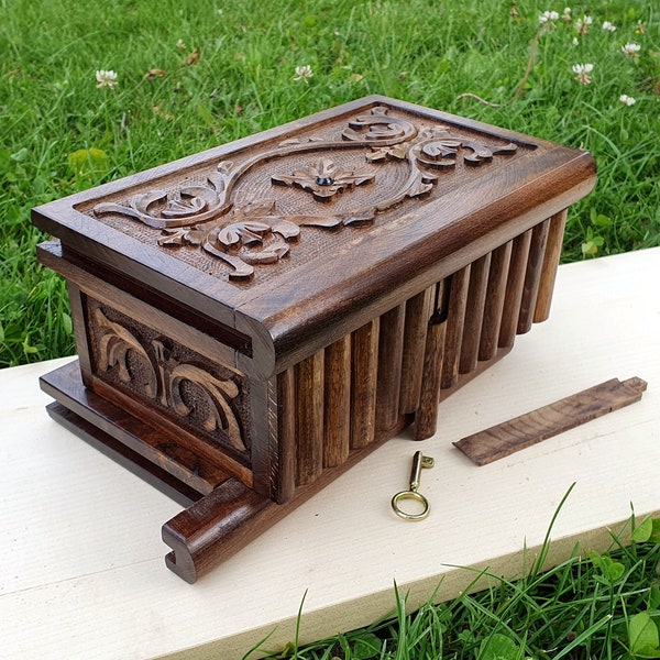 Hand Carved Puzzle Box, Walnut Secret Lock Box, Vintage Jewelry Box, Puzzle Box for Adults, Velvet Jewelry Box, Walnut Box, Gift for Her